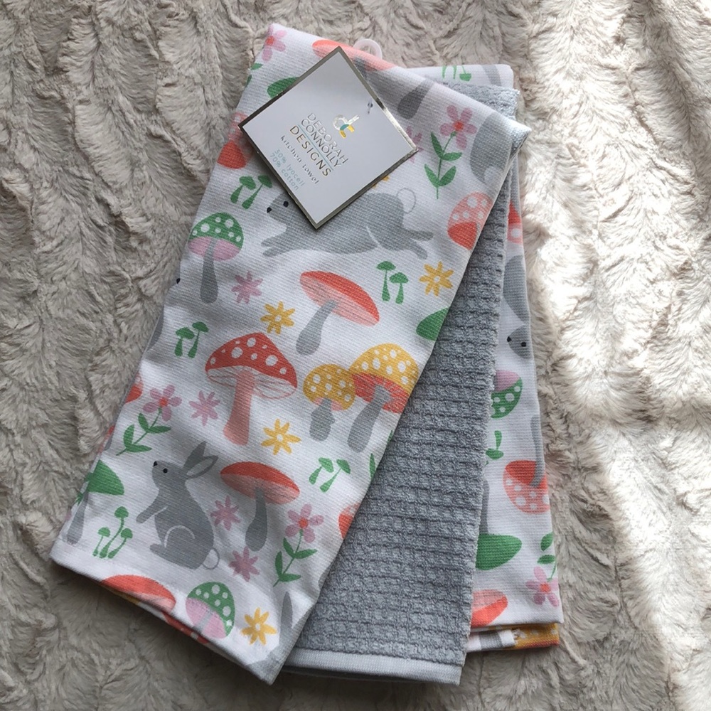 Deborah Connolly Bunny Rabbits and Mushrooms Spring Kitchen Towels